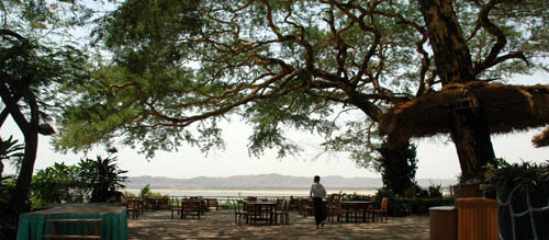 The lovely shaded riverside breakfast and outdoor dining area